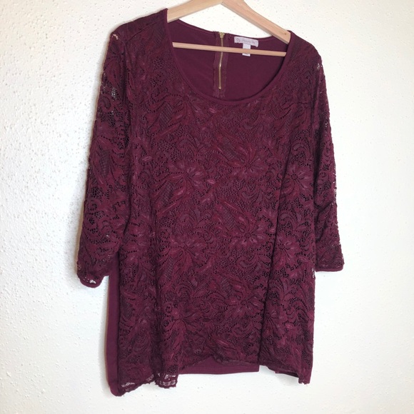 dressbarn Tops Dressbarn Burgundy Floral Lace Overaly Top Poshmark